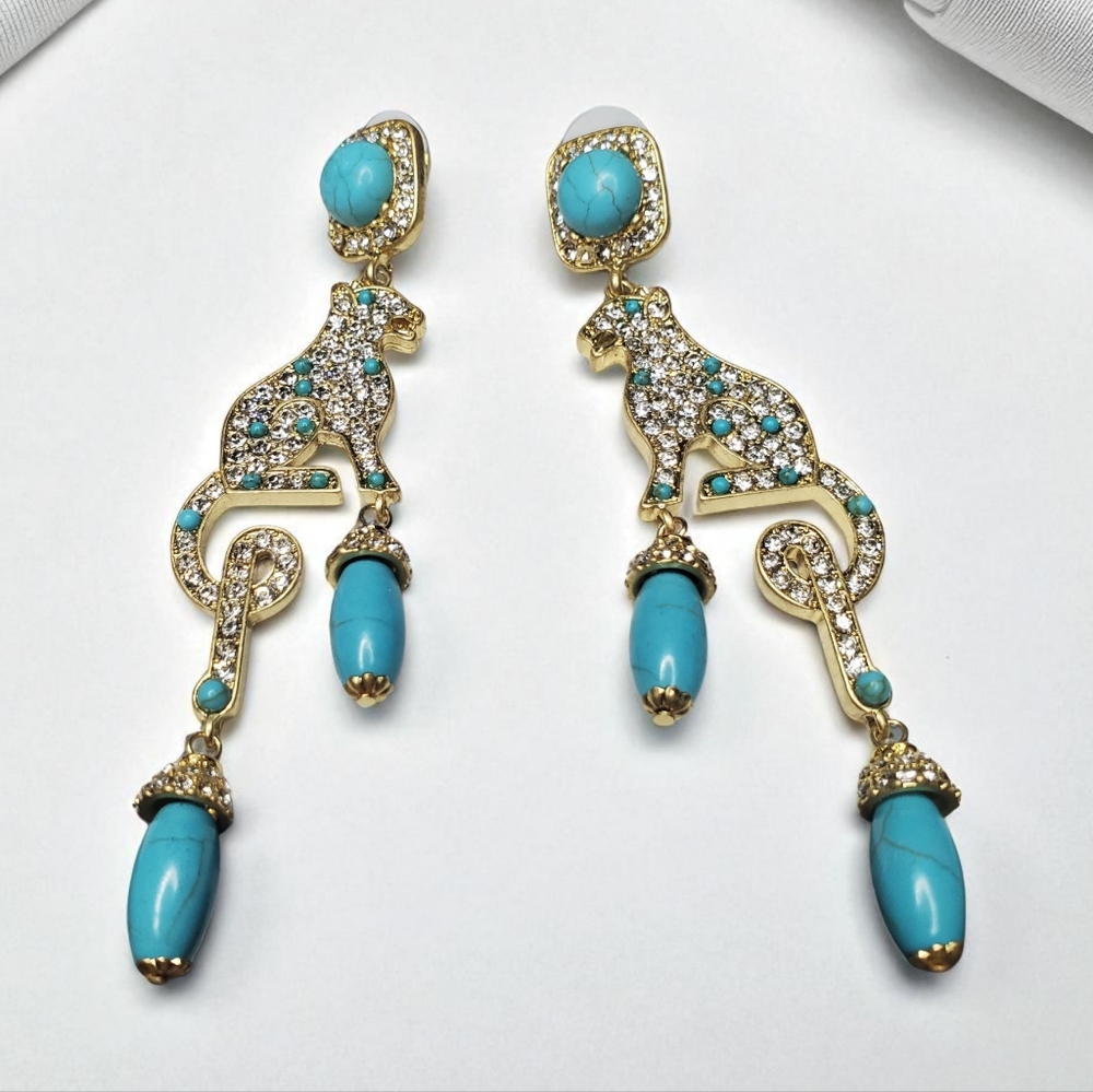 Gold Panther Leopard Massive Turquoise Crystal Dangle Earrings - Picture 3 of 4